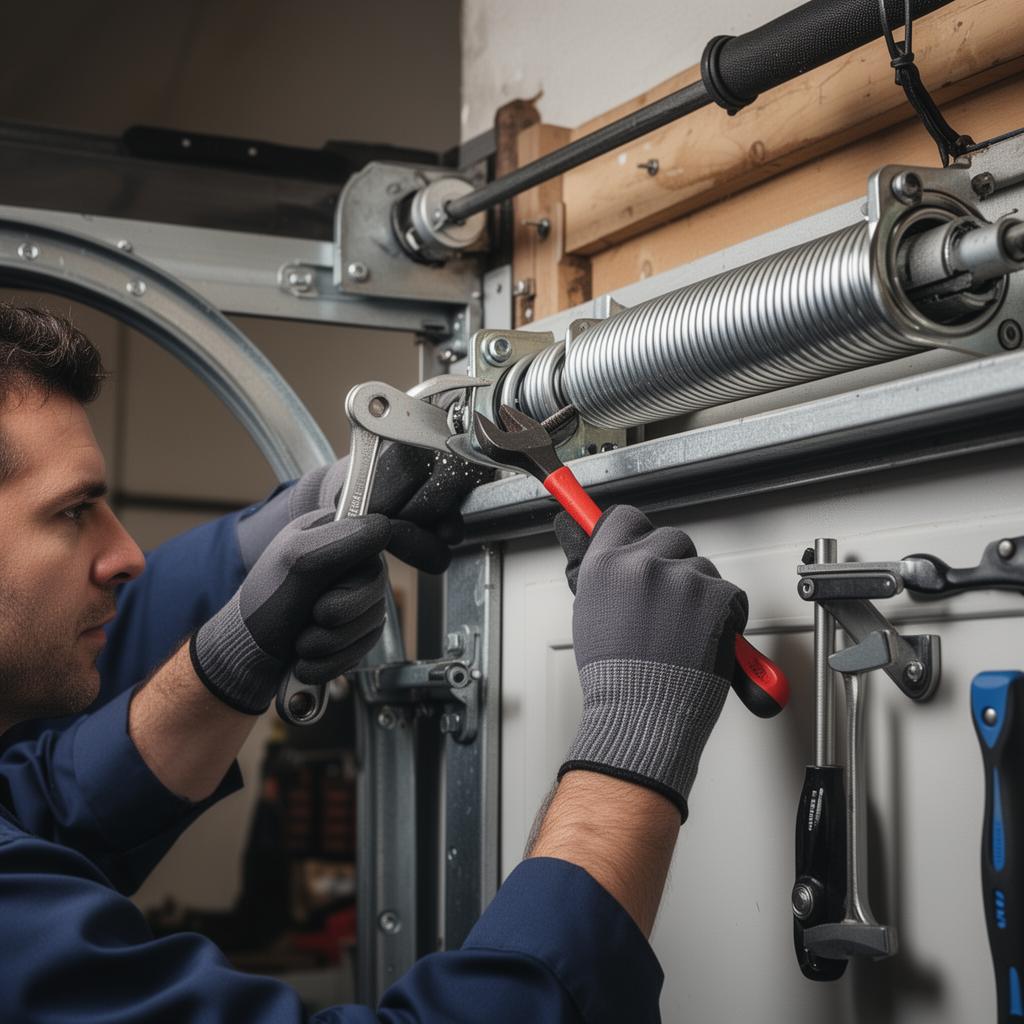 Professional garage door spring repair service showing expert technician at work