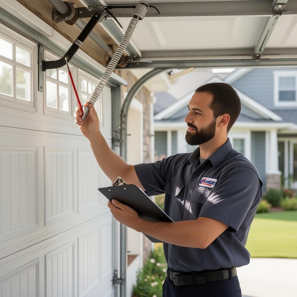 Professional garage door technician inspecting door mechanism with clipboard